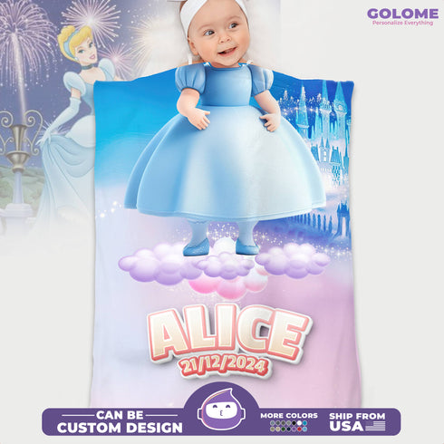 Personalized Cinderella-Inspired Baby Blanket – Custom Name & Birthdate | Princess Baby Blanket